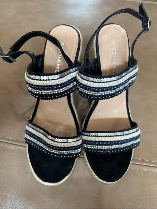 Andiamo Shoes - Andiamo Black Beaded Wedge Sandals with Ankle Strap